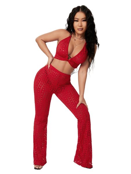 

o-ring hollow out backless crop halter & flare leg pants 402j#, White