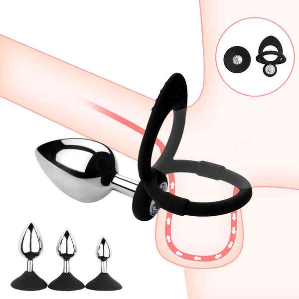 NXY Anal Toys Metal Plug Plug Silicone Cup de pênis duplo anel de pênis para homens Massador de próstata masculino Sexo adulto erótico 220506