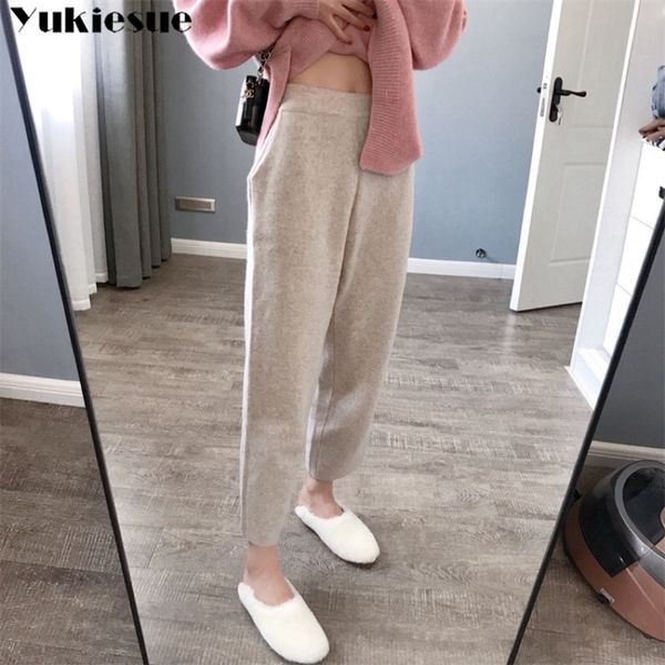

new autumn winter thick warm women pants knitting woolen high waist elastic loose elegant korean style casual harem pants 210412, Black;white