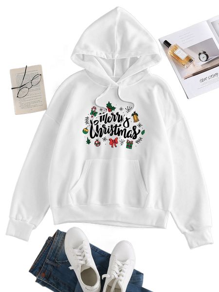 

christmas print kangaroo pocket drawstring thermal hoodie k55q#, Black