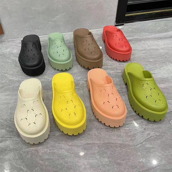 

2022 new slippers g print spring and summer thick-bottomed hole shoes sponge cake bottom increased baotou back empty slippers hollow couple, Black