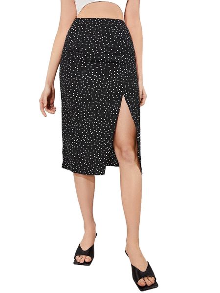 

polka dot split thigh skirt i271#, Black