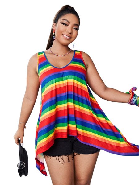 

plus rainbow striped print hanky hem tank s3ys#, Black