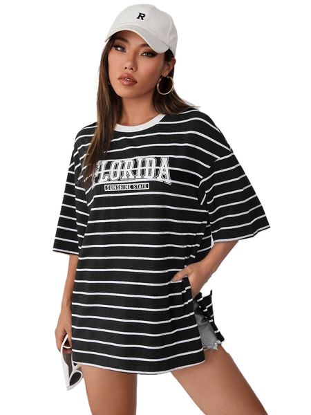 

striped & letter graphic drop shoulder tee f7fb#, White