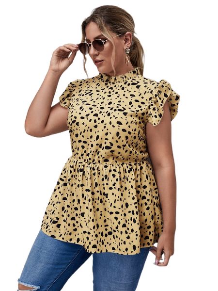 

plus all over print ruffle trim peplum blouse r3su#, Black