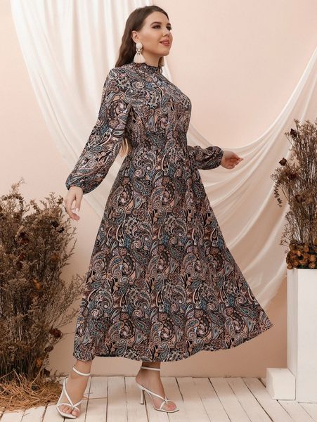 

plus paisley print lantern sleeve shirred dress 42rs#, Black