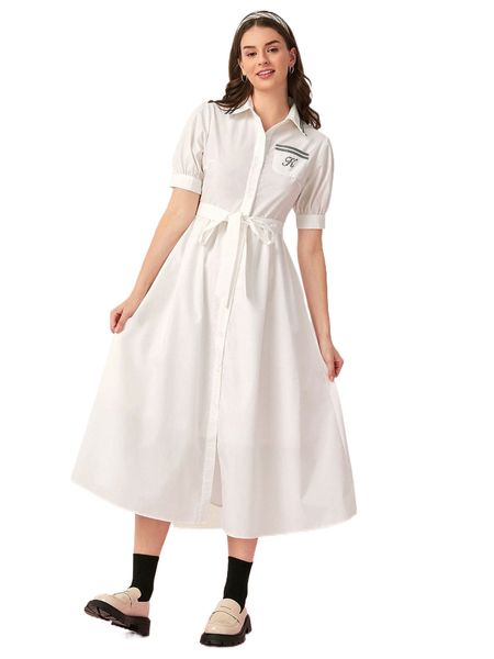 

letter rhinestone pocket patched belted shirt dress u8aa#, Black;gray