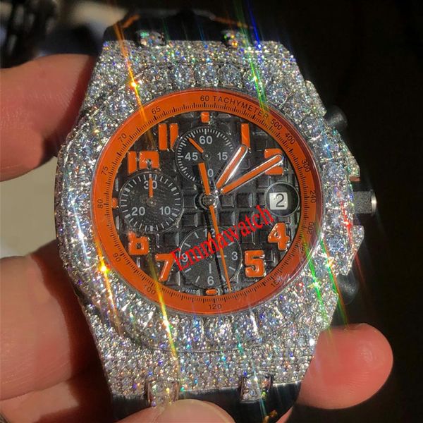 

new moissanite silver diamonds watch eta movement mechanical men luxury full iced out watches with chronograph works254g, Slivery;brown