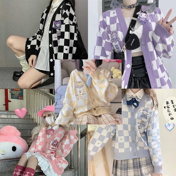 

women's knits & tees sanrioed v neck kawaii sweater women winter pull femme anime cute kuromied coat cartoon my melodyed plaid jk cardi, White
