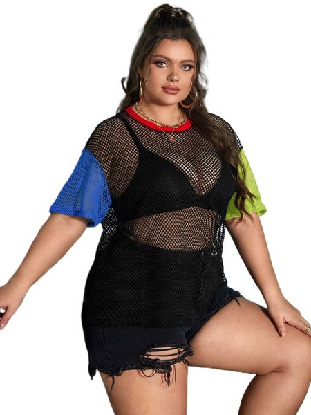 

plus color block drop shoulder mesh without bra c7t0#, Black