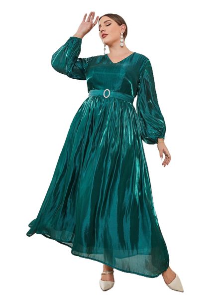 

plus lantern sleeve belted dress i3al#, Black