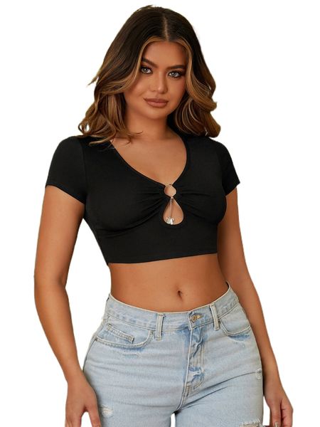 

sxy cut out o-ring front crop tee 14lp#, White