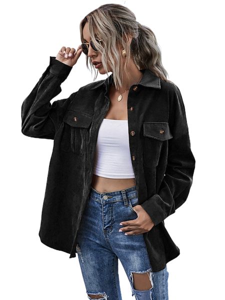 

flap pocket button front corduroy coat j09b#, Black
