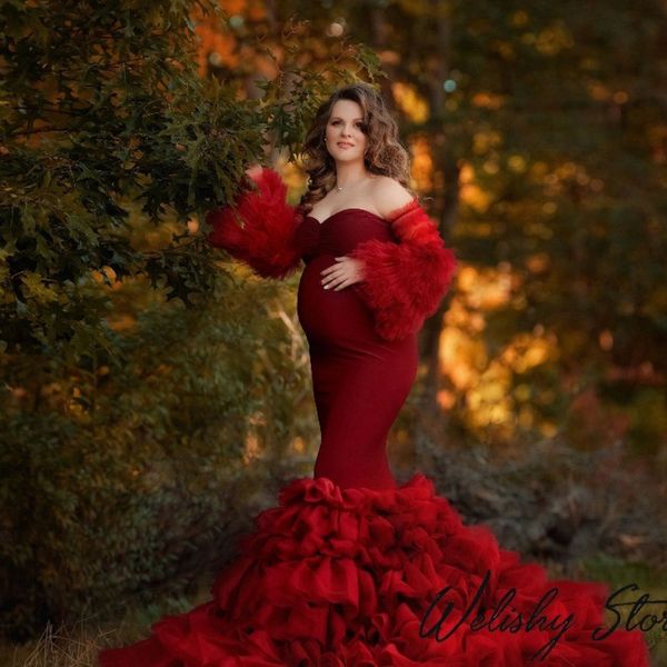 

chic mermaid maternity prom dresses women sweet heart collar with tulle ruffles fluffy evening party p shoot gowns custom made, Black