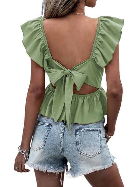 

tie back ruffle sleeve peplum blouse 64mk#, White