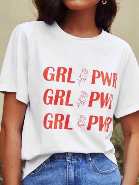 

slogan & floral print tee l3m9#, White