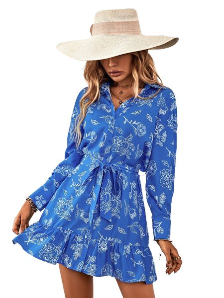 

floral print belted shirt dress f3sm#, Black;gray