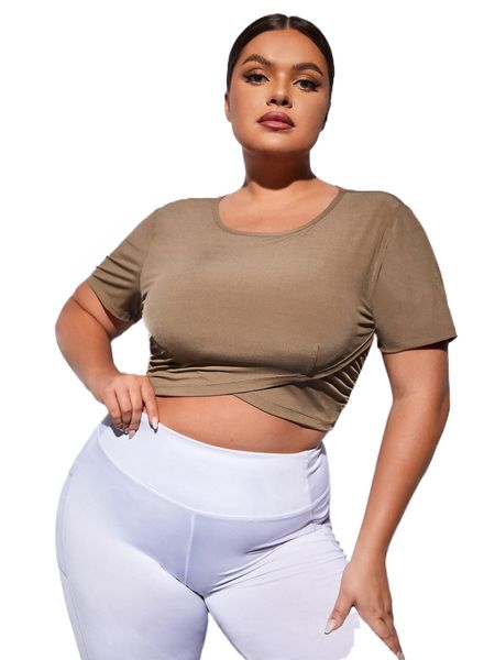 

plus ribbed knit ruched side crop sports tee x7e0#, Black