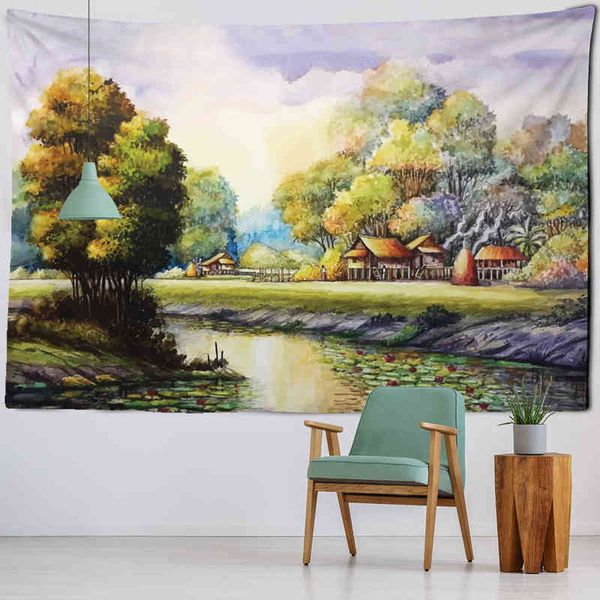 Tapisserie Retro Farbe Ölfarbe Wandbehang Teppiche Fluss Wald Hippie Wohnheim Dekor