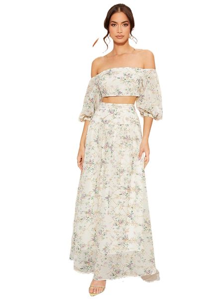 

floral print off shoulder crop chiffon & skirt h2ap#, White