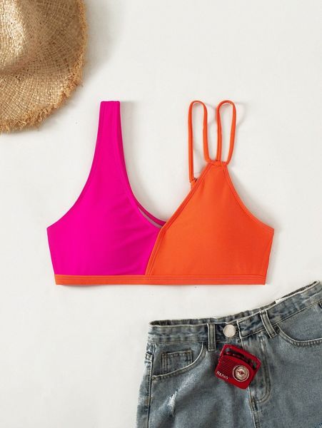 

two tone asymmetrical neck bikini d5aa#, White;black