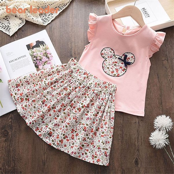 Urso Líder de verão 2pcs Clothes Roupas Conjuntos de desenhos animados Floral Kids Ruffle Sleeve Top e Salia Roupfits Boutique Casual 220507