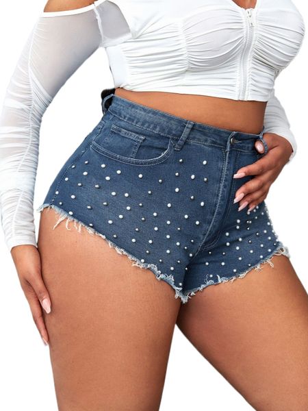 

sxy plus pearls beaded raw hem denim shorts 23lk#, White;black