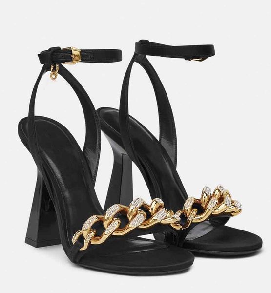 

summer medusi golden chain-link straps nappa leather sandals shoes zipped heel pumps luxurious brands women's high heels eu35-42.box, Black