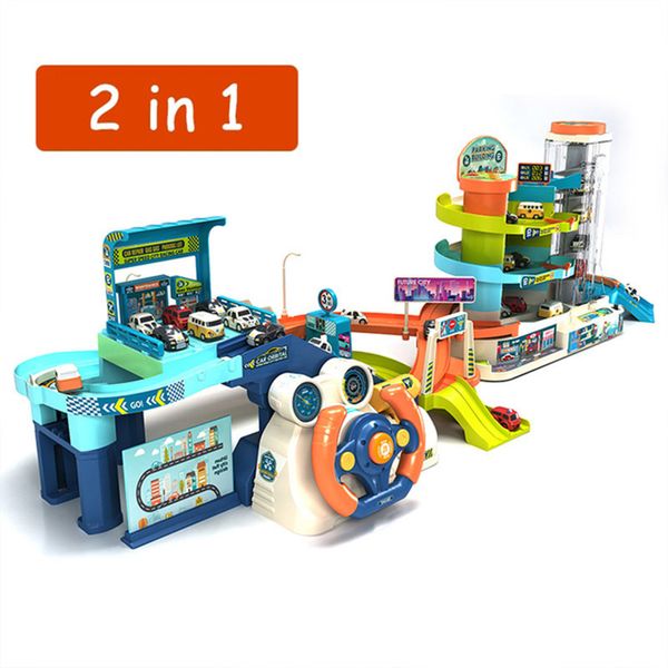 Rail Track Car Toy City Volante Parcheggio Edificio Musica Automobile Avventura elettrica per bambini Regalo 220608