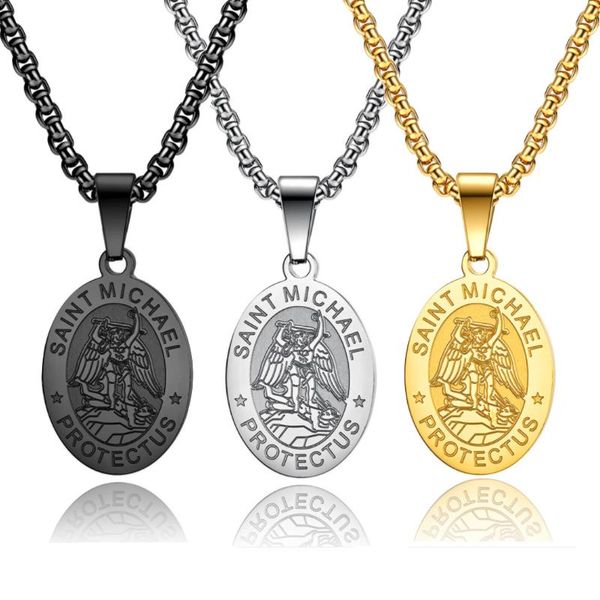 Anhänger Halsketten 2022 Religion St. Michael Medaillon Halskette Für Männliche Edelstahl Geometrische Kragen Hombre