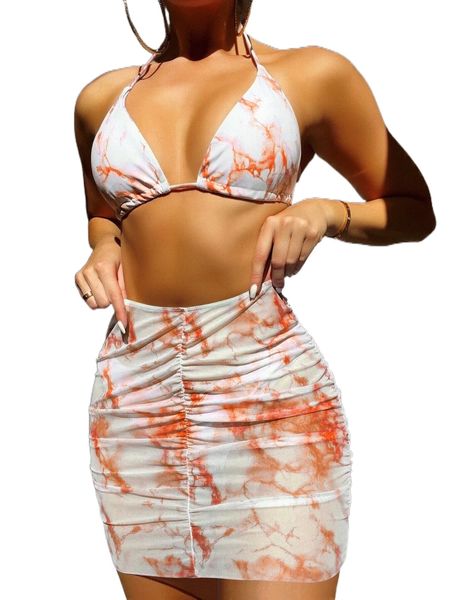 

3pack tie dye halter triangle bikini swimsuit & beach skirt n0cn#, White;black