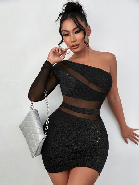 

sxy glitter contrast mesh one shoulder dress u1q7#, Black;gray