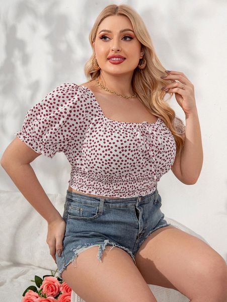 

plus ditsy floral puff sleeve knot front shirred crop blouse p56e#, Black