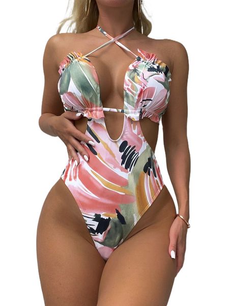 

random brush print frill trim tie back halter one piece swimsuit m8fa#, White;black