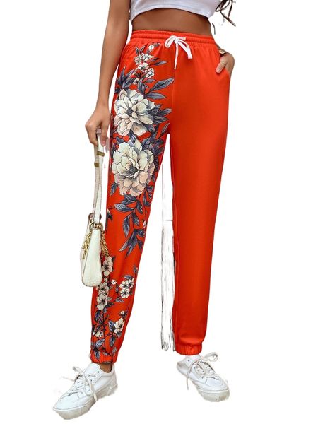 

floral drawstring waist tapered pants j06k#, Black;white