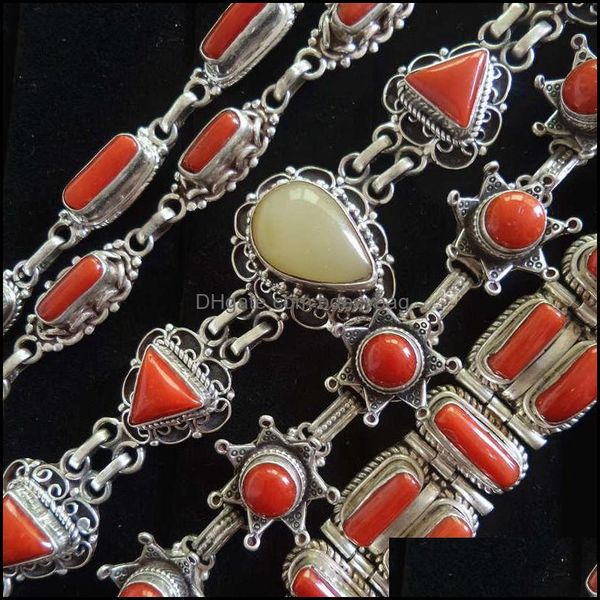 Шармовые браслеты ювелирные изделия Непал 925 Стерлинговый Sier Vintage Inlay Bamboo Coral Chain для девочек T9005 Drop de dh4ag