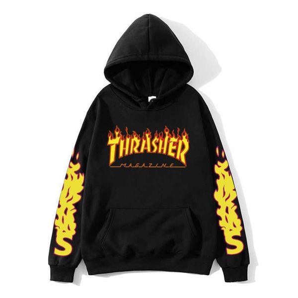 

european american popular brand thrashes print hoodies men women street couple casual hip hop pullover sweatshirts x0601282n, Black