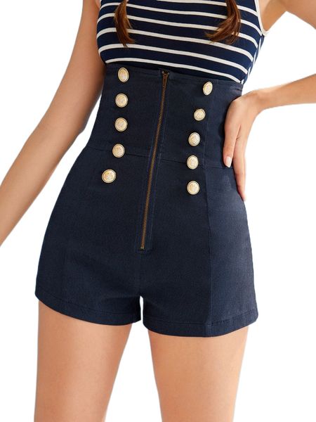 

high waist double button zip fly shorts b9wd#, White;black