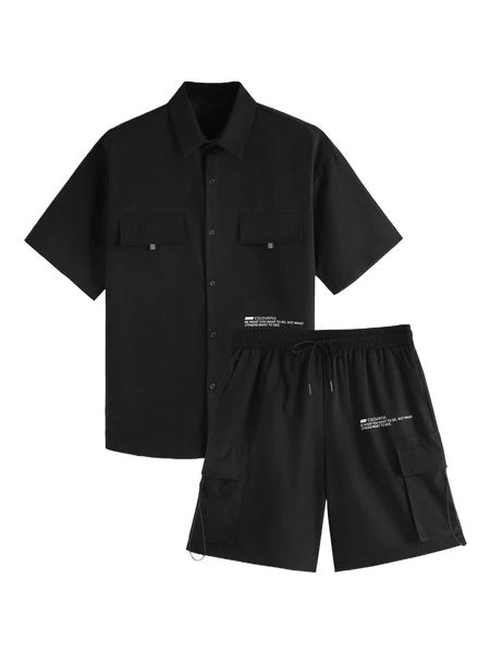 

men slogan graphic shirt & flap pocket drawstring waist shorts v3hz#, Gray