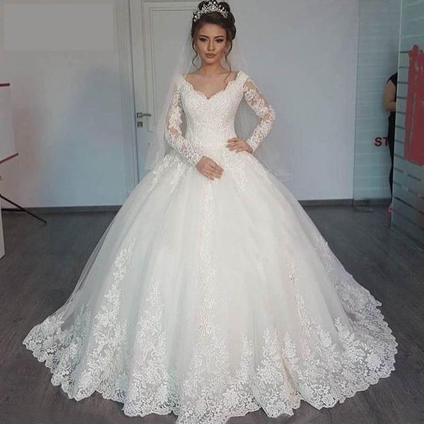 Altri abiti da sposa 2022 Abito di alta qualità Manica lunga Scollo a V Abito da ballo Coda di pizzo Robe De Mariee Real Po Bridal