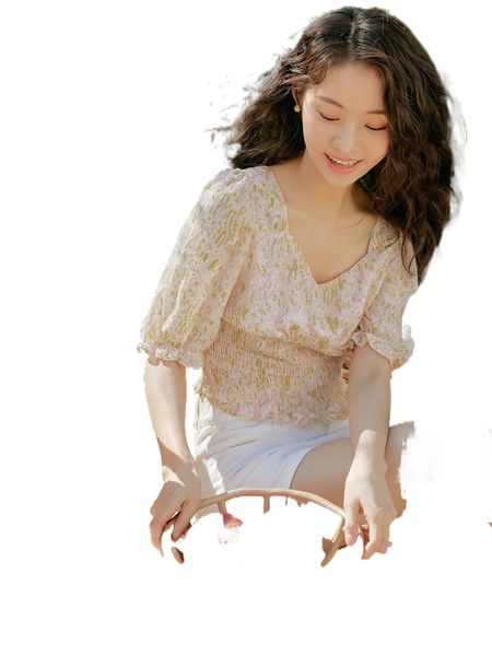 

dazy floral print shirred puff sleeve tie back blouse 04p7#, White