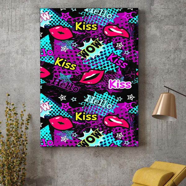 Graffiti Red Lips Hello Wow Kiss Posters and Prints Abstract Caracter Canvas Wall Art Painting for Living Room Decoration