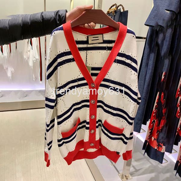 

women's knits & tees spring striped cotton knitted hollow out long sleeve contrast v-neck single breasted cardigan jacket women, White