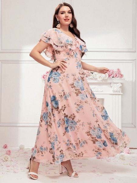 

plus allover floral v-back a-line dress v4we#, Black