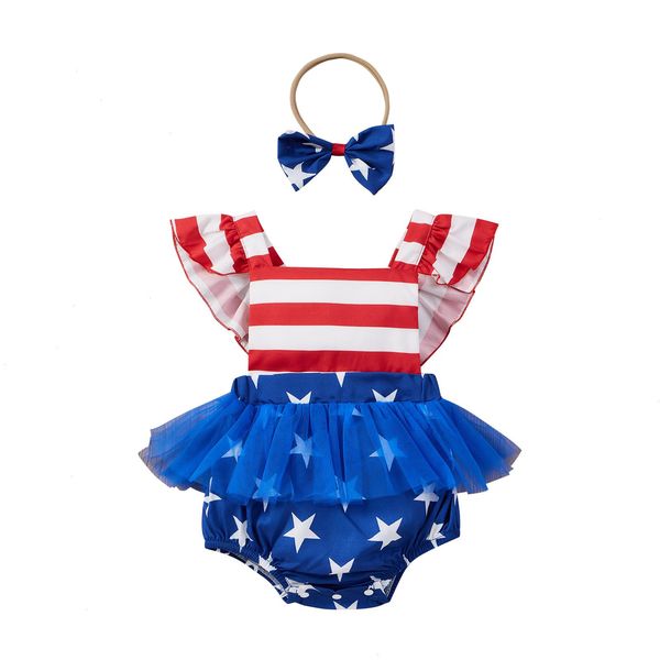 

summer independence day newborn romper baby girls bodysuit bow headband flag print ruffle tutu clothing, Blue
