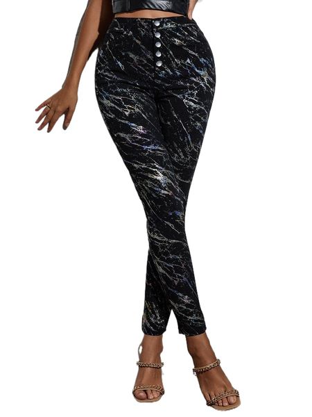 

apperloth a buttoned front marble print pu pants x7po#, Black;white