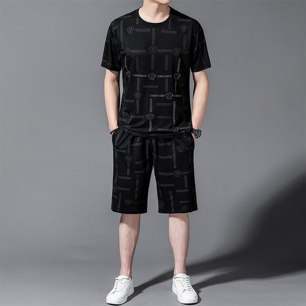 

men's tracksuits 2022 summer round collar printed drill casual sports suit thin short sleeve shorts men's two-piece set, Gray