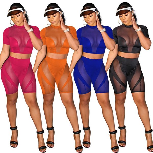 

summer mesh see through tracksuits for women solid short sleeve crop and sports elasticity shorts casual two piece sets f88428, Gray