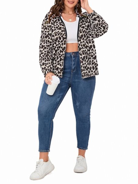 

plus leopard print drop shoulder jacket v3x7#, Black