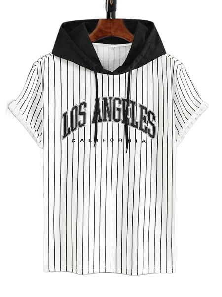 

men vertical striped letter graphic drawstring hooded tee d7qc#, White;black